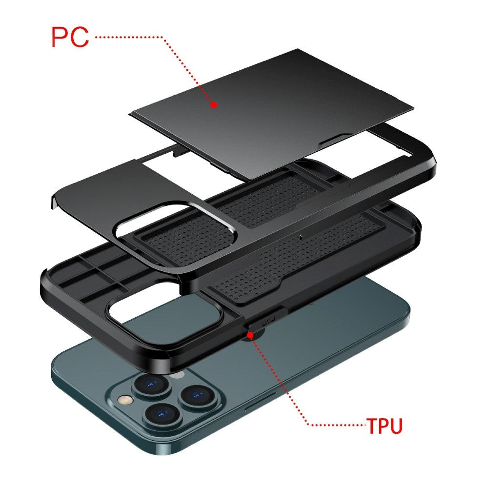 iPhone 13 Pro Max Plastik Håndværker Cover m. Kortholder - Sort