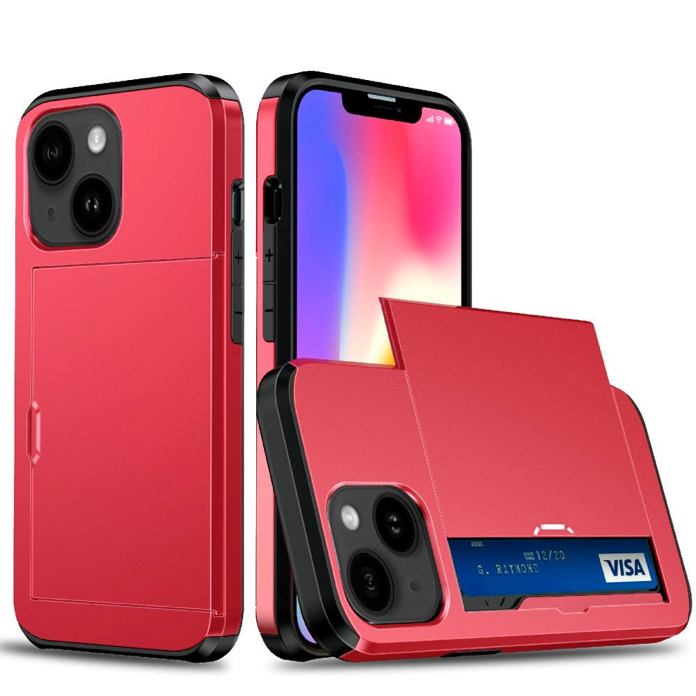 iPhone 13 Plastik Håndværker Cover m. Kortholder - Rød