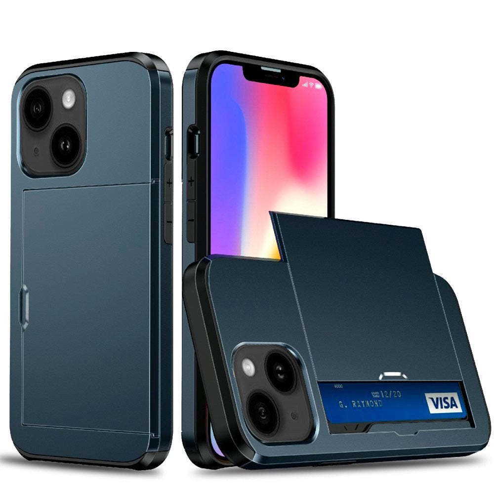 iPhone 13 Plastik Håndværker Cover m. Kortholder - Blå