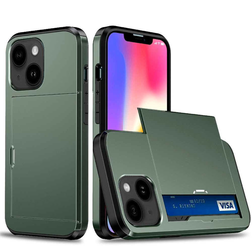 iPhone 13 Plastik Håndværker Cover m. Kortholder - Mørkegrøn
