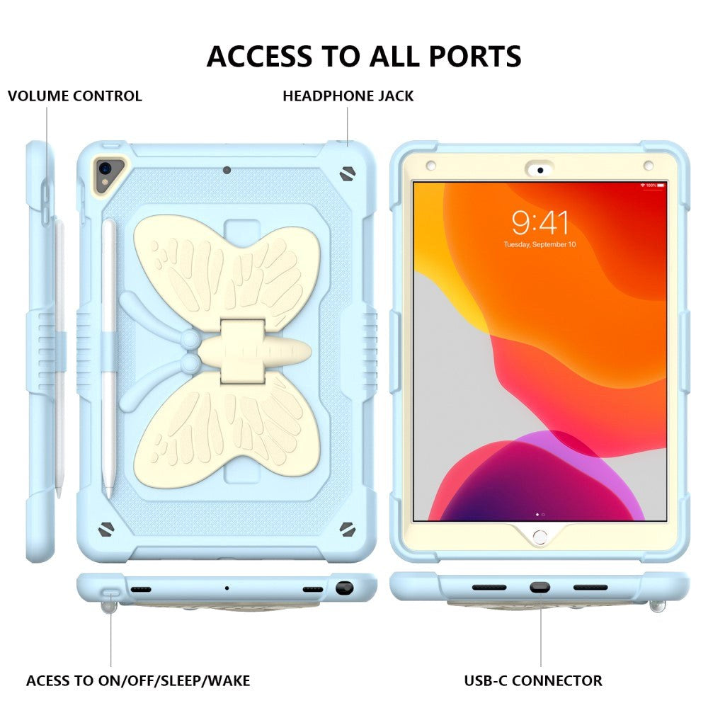 iPad 10.2" (2021 / 2020 / 2019) Butterfly Kickstand Børne Cover - Lyseblå & Grå