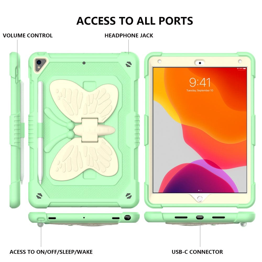 iPad 10.2" (2021 / 2020 / 2019) Butterfly Kickstand Børne Cover - Grøn & Grå