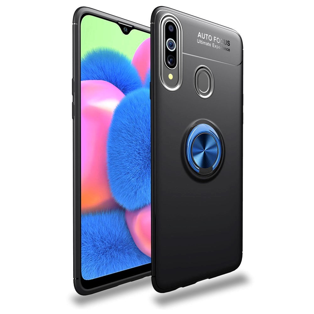 Samsung Galaxy A20s Fleksibelt Plastik Cover m. Stander & Metal Plade - Sort / Blå