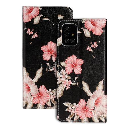 Samsung Galaxy A51 Pink Flowers Cover m. Kortholder - Sort / Lyserød