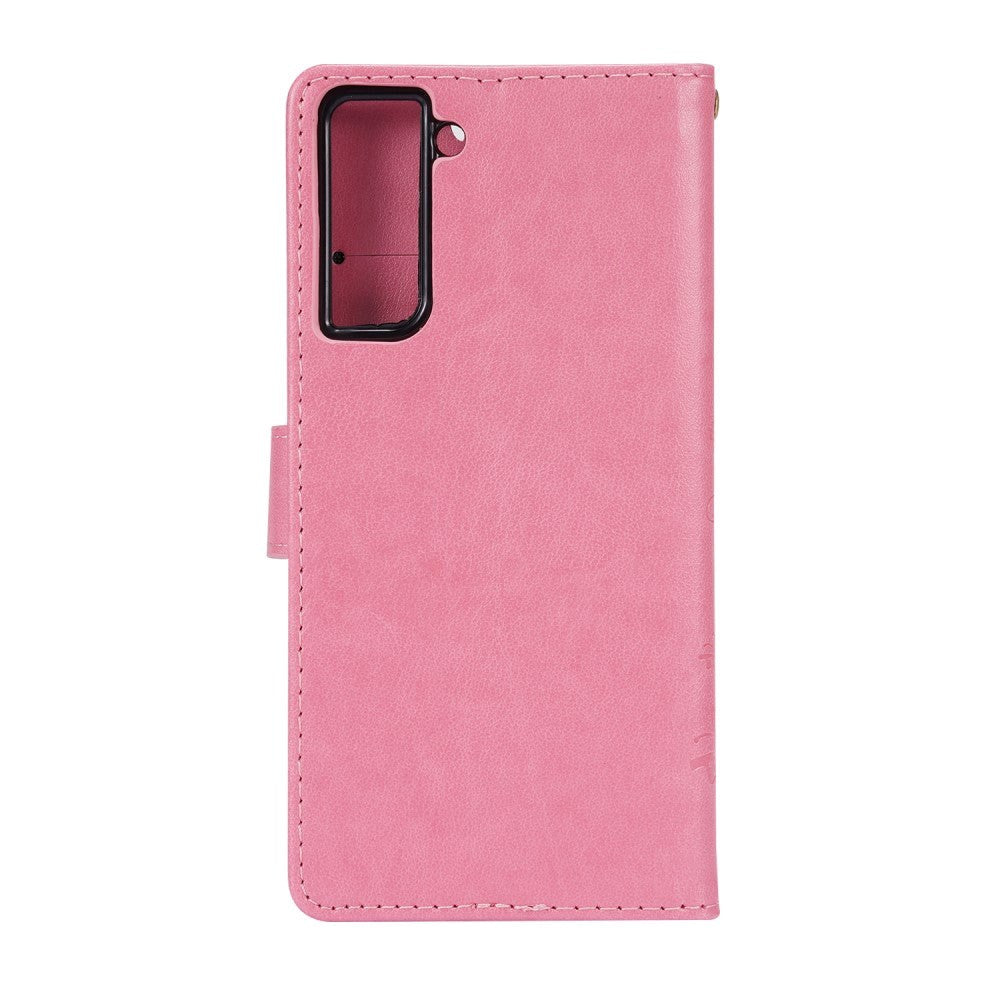 Samsung Galaxy S21 Læder Flip Cover m. Kortholdere - Blomster - Pink