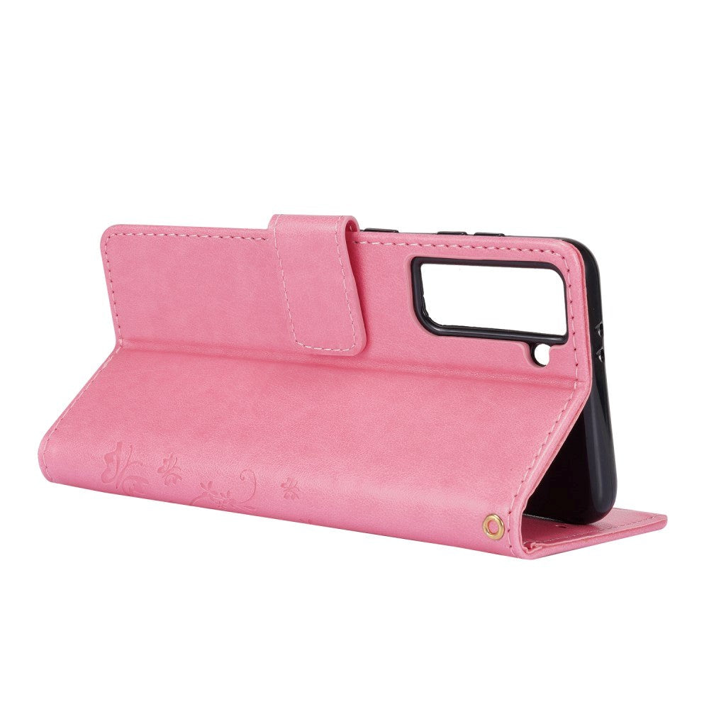 Samsung Galaxy S21 Læder Flip Cover m. Kortholdere - Blomster - Pink