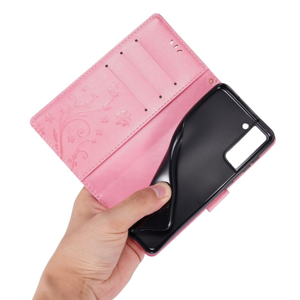 Samsung Galaxy S21 Læder Flip Cover m. Kortholdere - Blomster - Pink