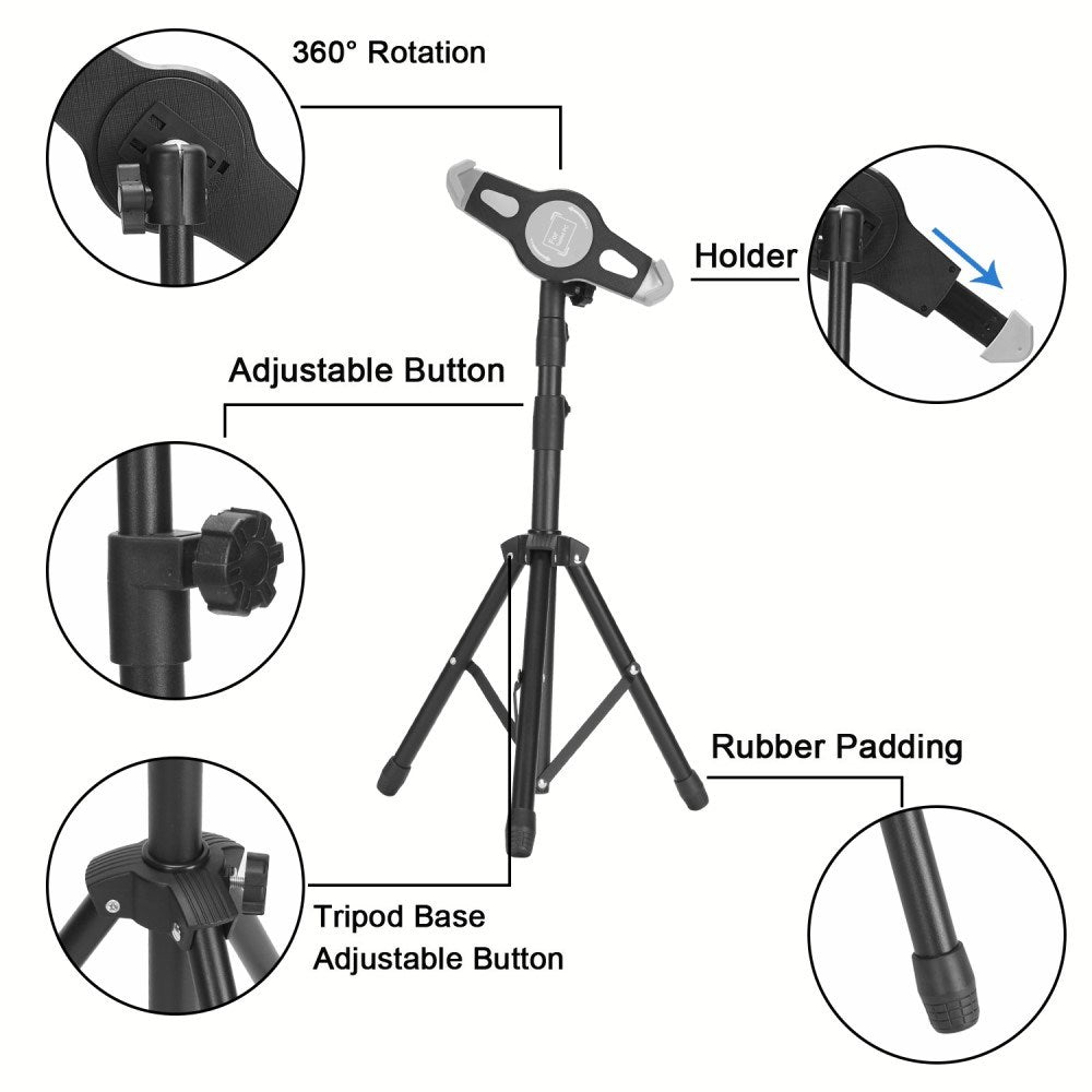 Transportabel Tripod Stativ m. Justerbar Tablet Holder - Sort