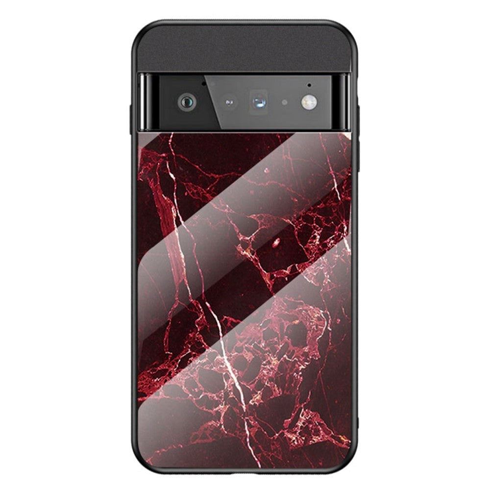 Google Pixel 6 Pro Plastik Mobil Cover m. Glasbagside - Sort & Rød Marmor