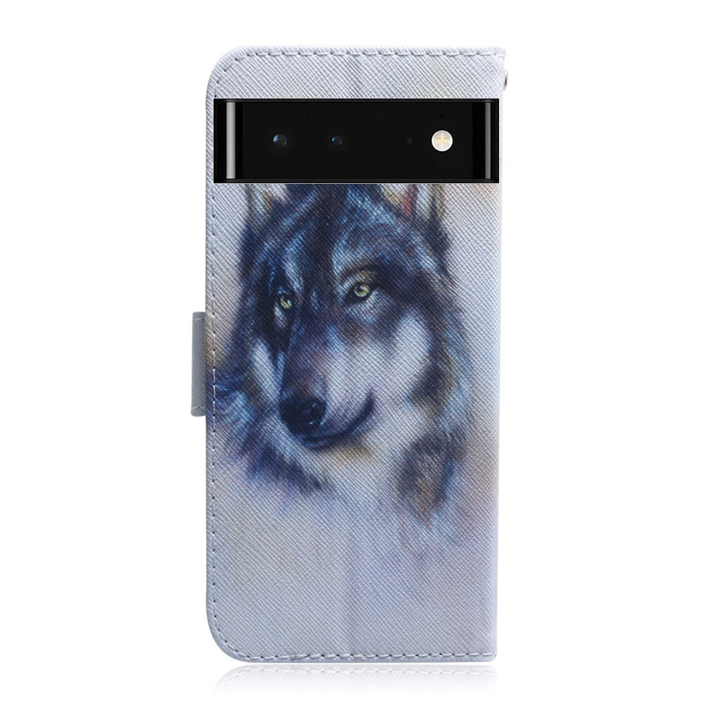 Google Pixel 6 Læder Mobil Cover m. Pung & Print - Ulv