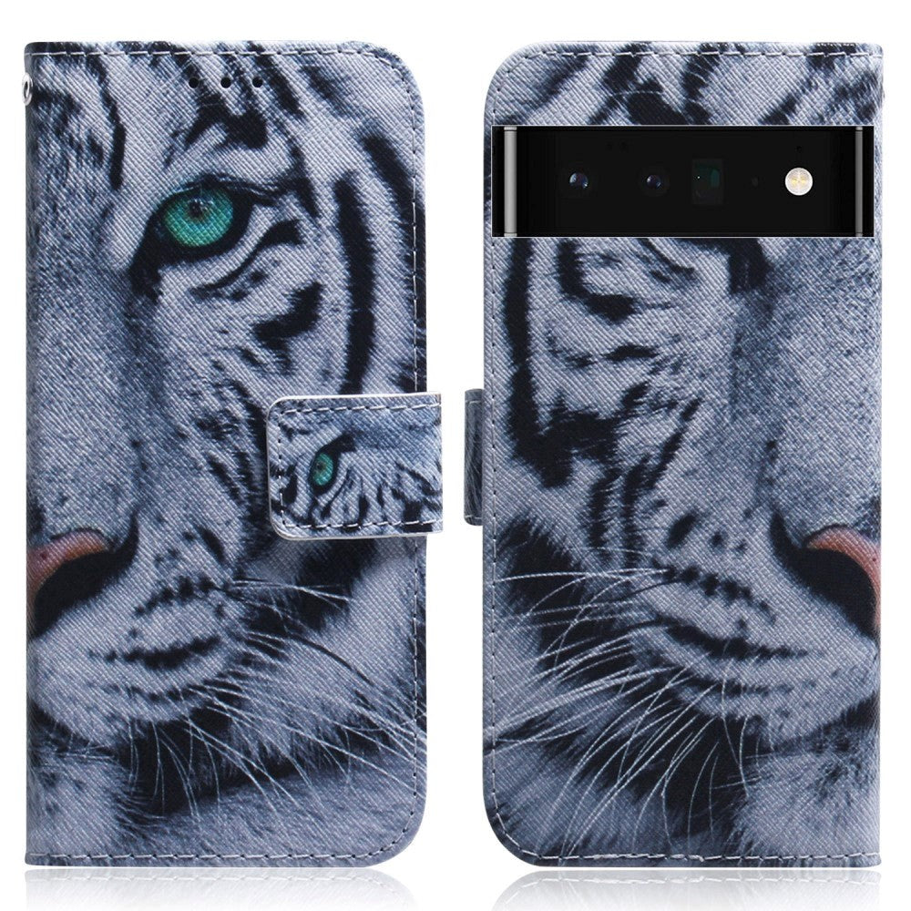 Google Pixel 6 Pro Læder Mobil Cover m. Pung & Print - Hvid Tiger