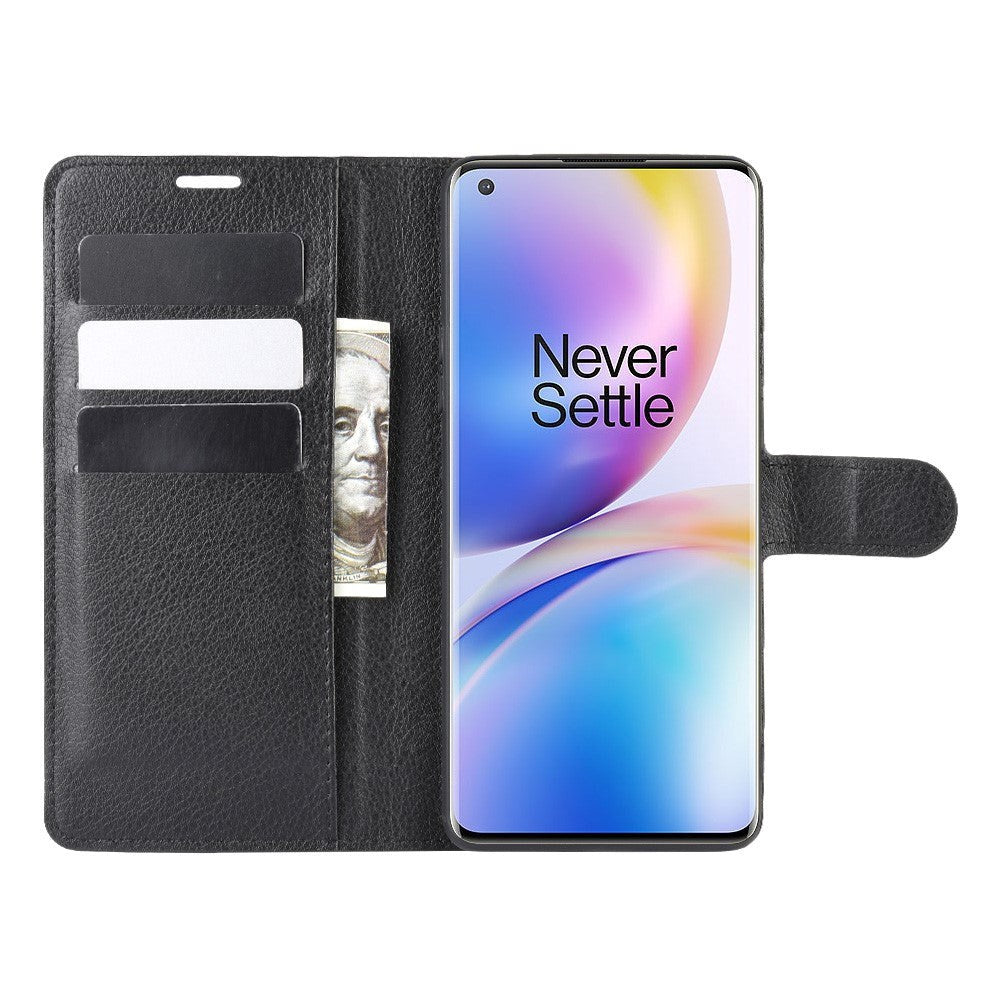 OnePlus 8 Pro Litchi Læder Mobil Cover m. Pung - Sort