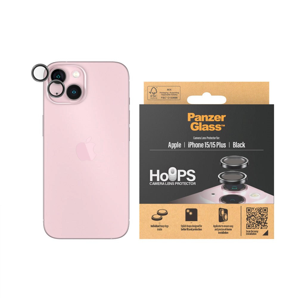 PanzerGlass iPhone 15 / 15 Plus Hoops - Kamerabeskyttelse - Gennemsigtig / Sort