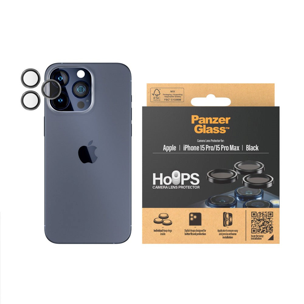 PanzerGlass iPhone 15 Pro / 15 Pro Max Hoops - Kamerabeskyttelse - Gennemsigtig / Sort