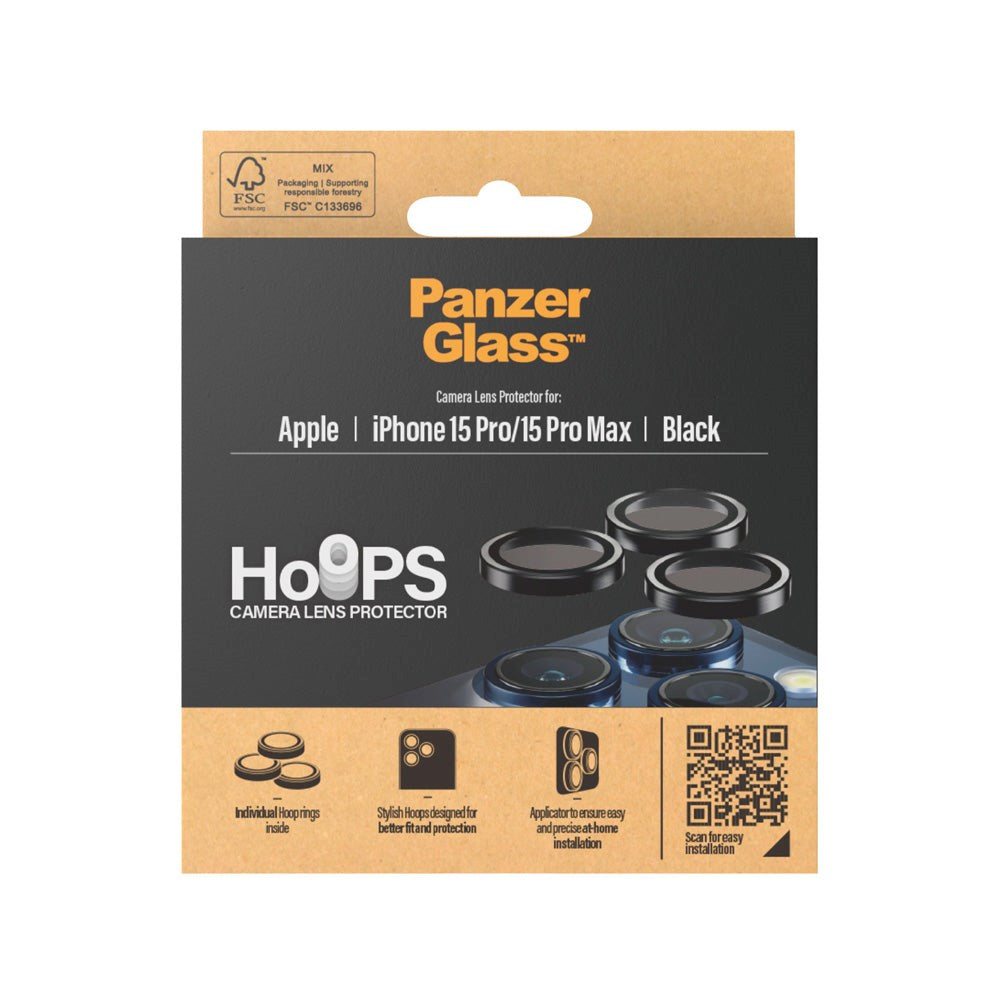 PanzerGlass iPhone 15 Pro / 15 Pro Max Hoops - Kamerabeskyttelse - Gennemsigtig / Sort
