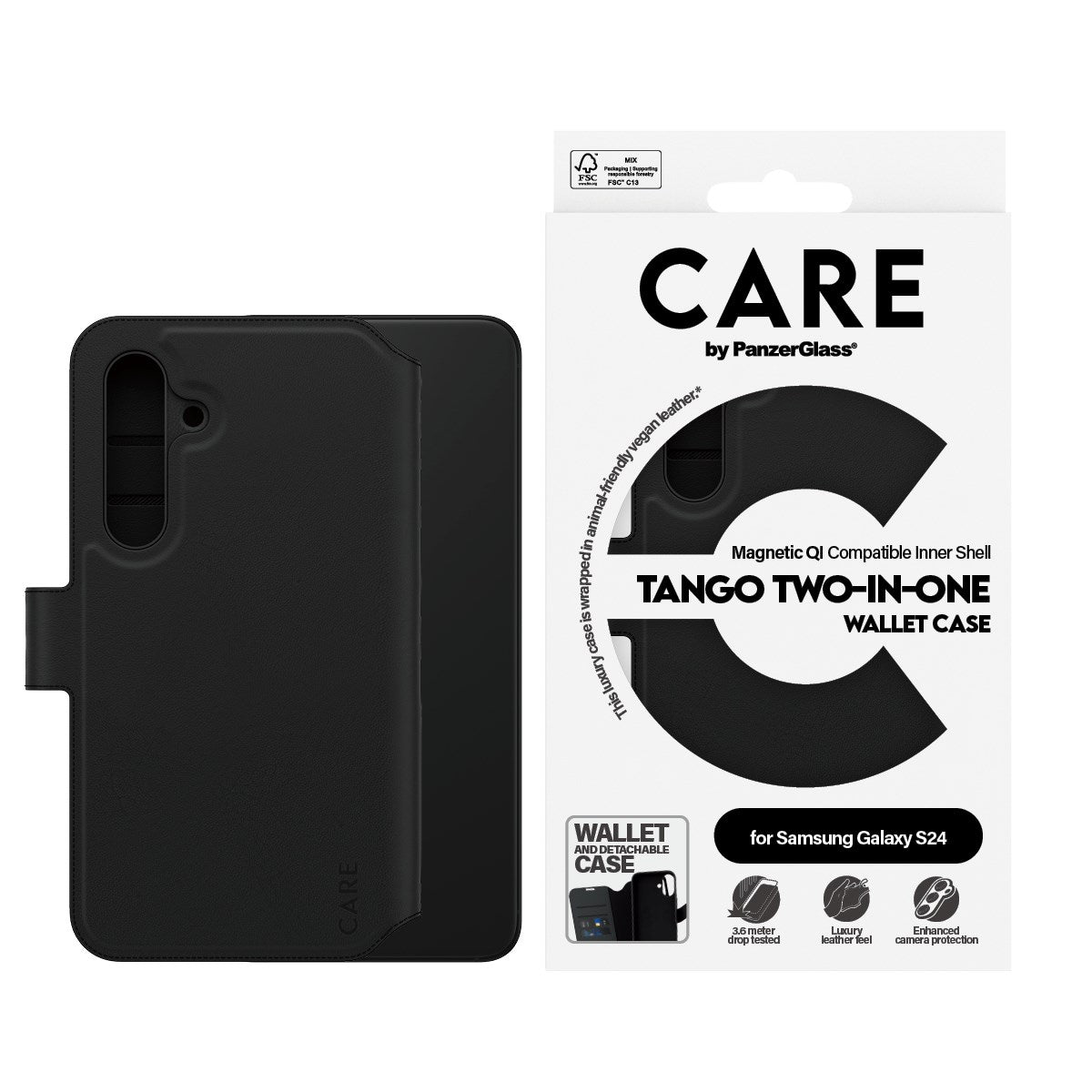 Samsung Galaxy S24 CARE by PanzerGlass Feature Tango 2-in-1 m. Pung Mobil Cover - Sort