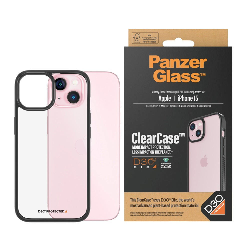 PanzerGlass iPhone 15 Bagside Cover D3O Bio ClearCase - Sort Kant