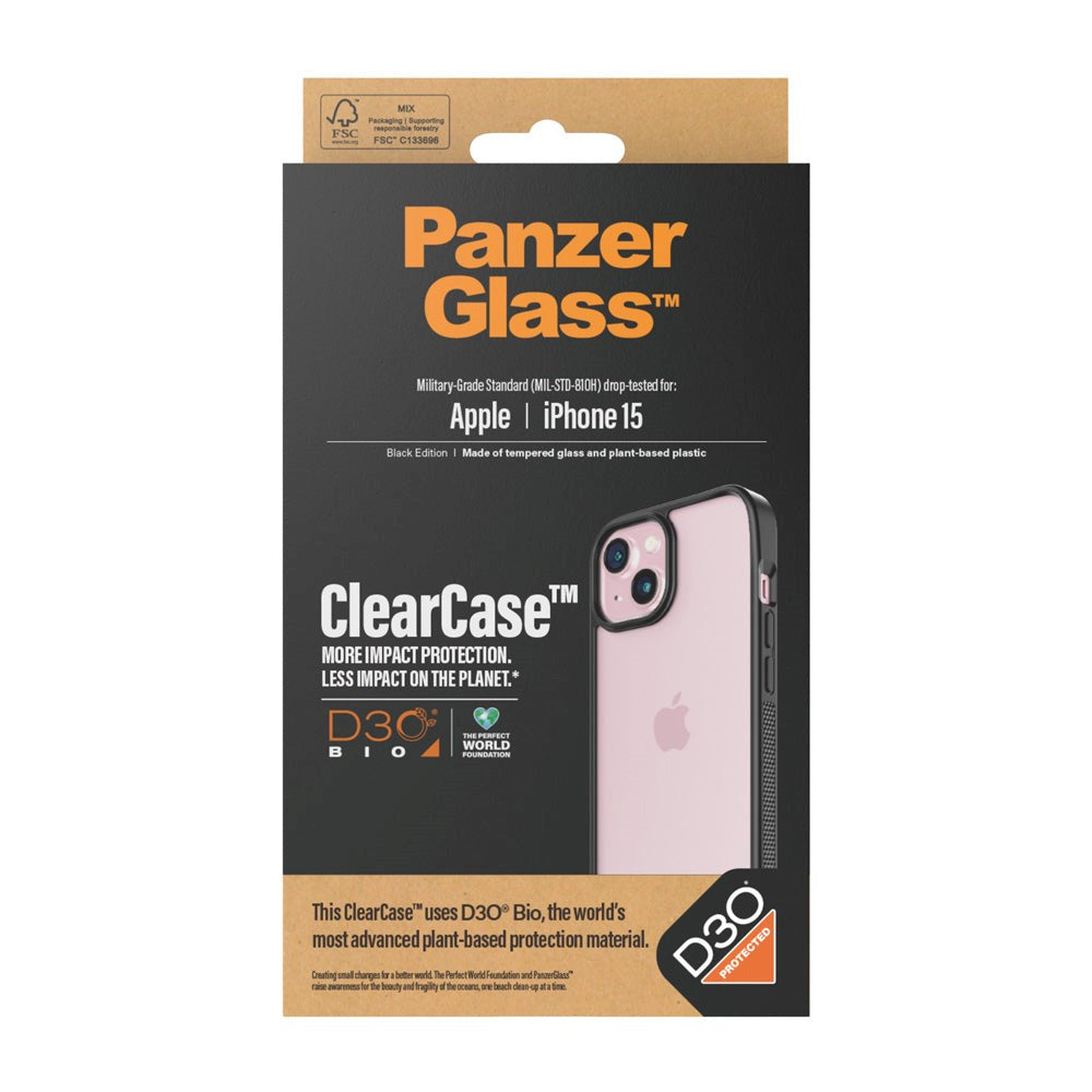 PanzerGlass iPhone 15 Bagside Cover D3O Bio ClearCase - Sort Kant