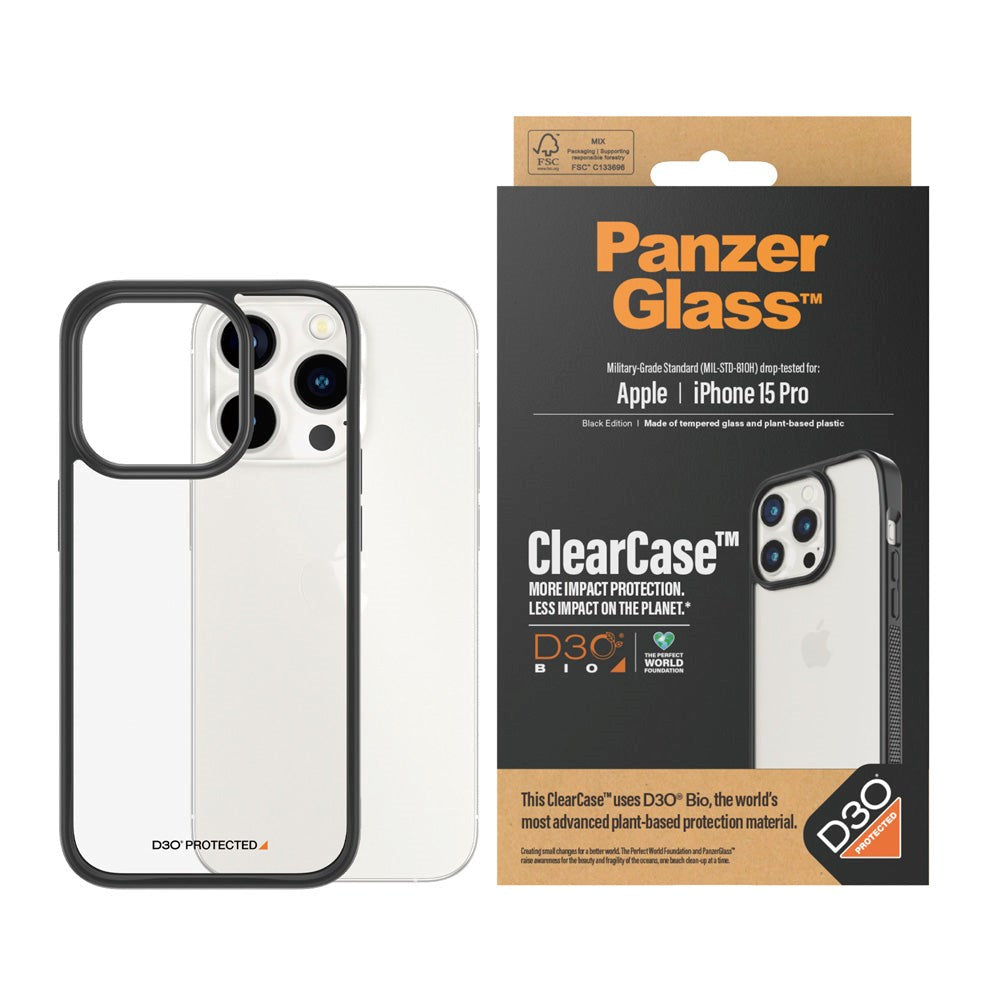 PanzerGlass iPhone 15 Pro Bagside Cover D3O Bio ClearCase - Sort Kant