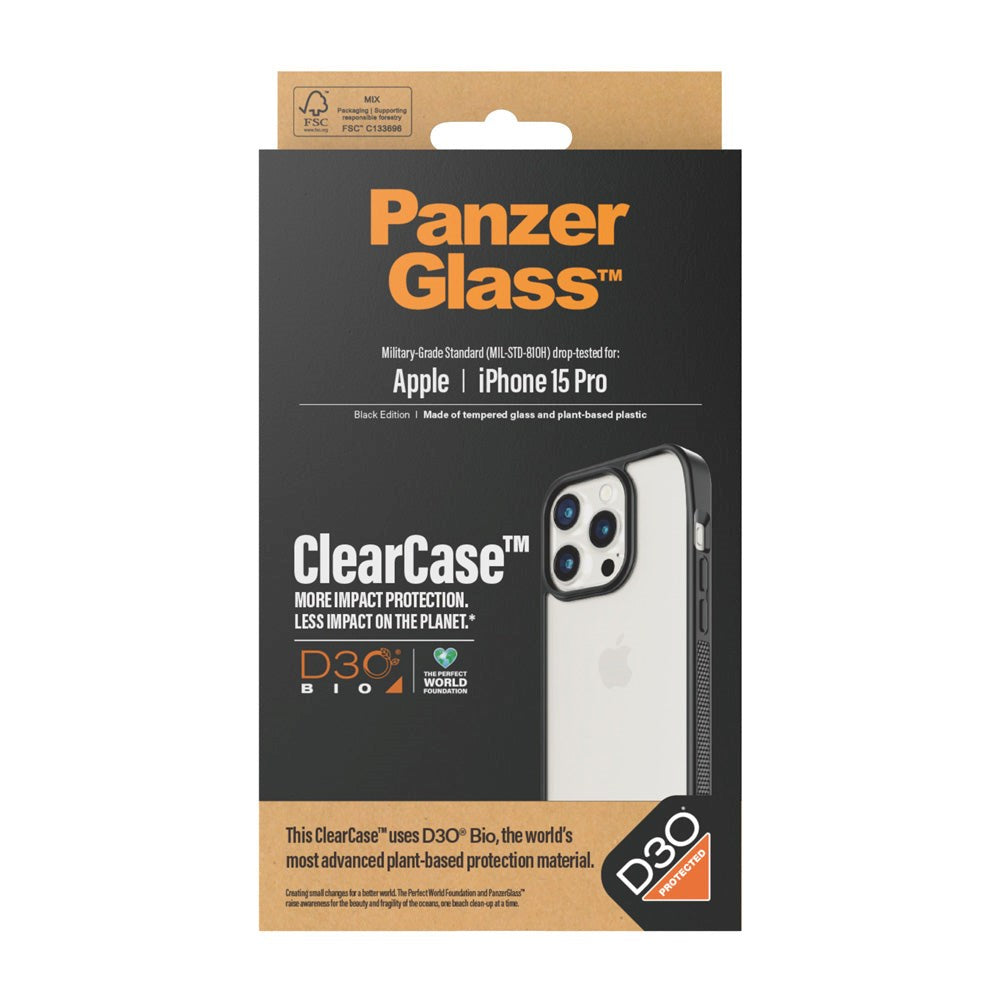 PanzerGlass iPhone 15 Pro Bagside Cover D3O Bio ClearCase - Sort Kant