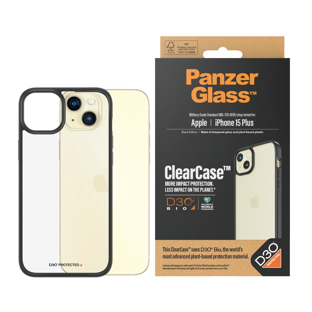 PanzerGlass iPhone 15 Plus Bagside Cover D3O Bio ClearCase - Sort Kant