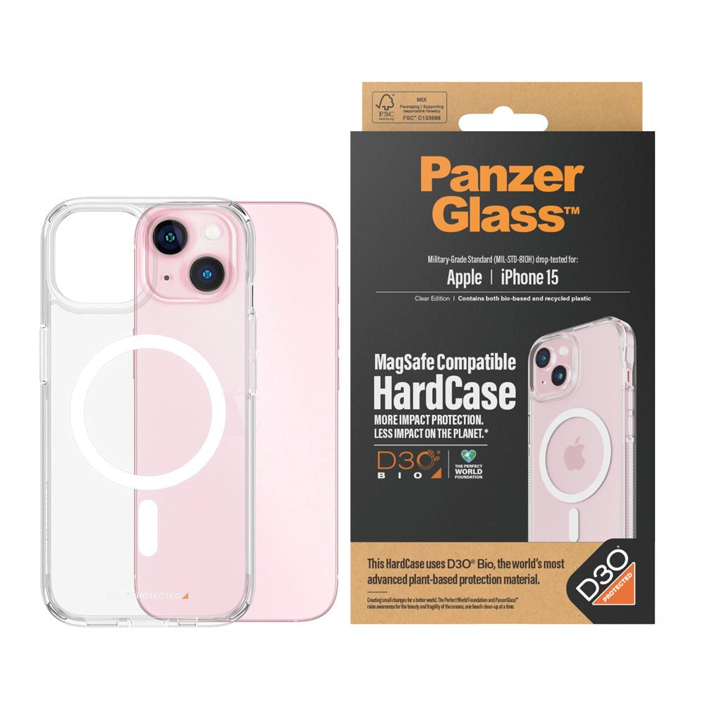 PanzerGlass iPhone 15 Bagside Cover D3O® Bio HardCase - MagSafe Kompatibel - Gennemsigtig