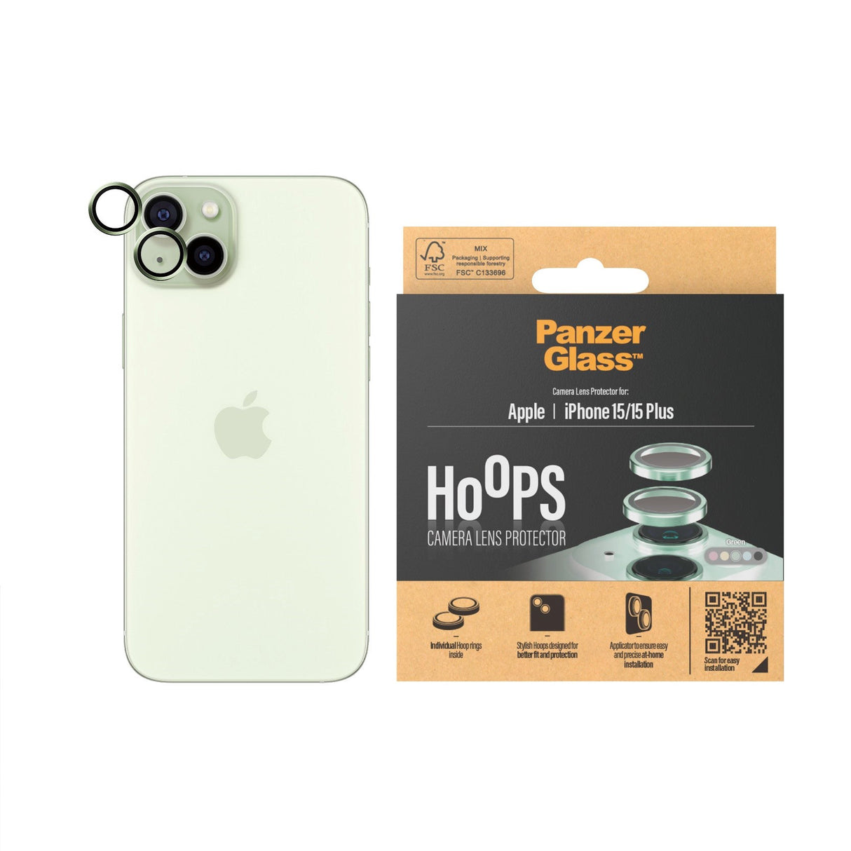 PanzerGlass iPhone 15 / 15 Plus Hoops - Kamerabeskyttelse - Gennemsigtig / Grøn