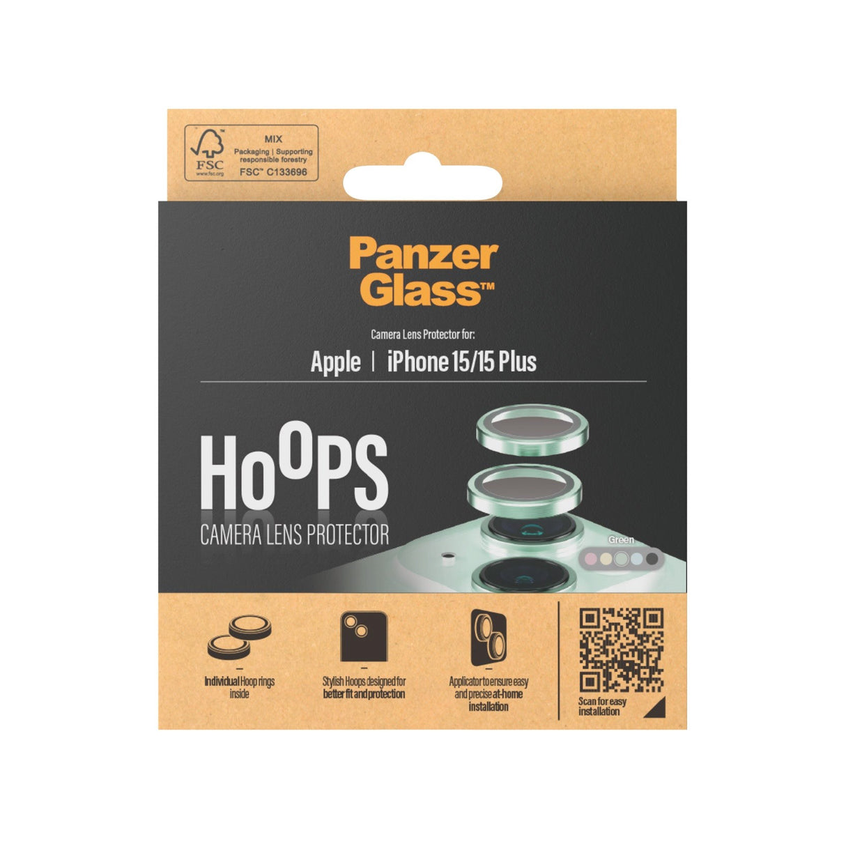 PanzerGlass iPhone 15 / 15 Plus Hoops - Kamerabeskyttelse - Gennemsigtig / Grøn