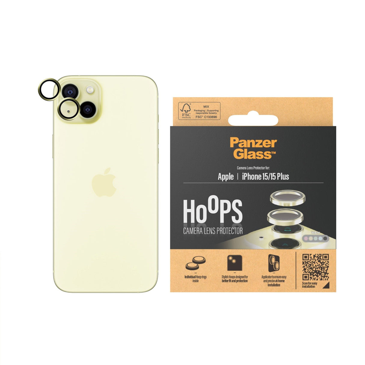 PanzerGlass iPhone 15 / 15 Plus Hoops - Kamerabeskyttelse - Gennemsigtig / Gul