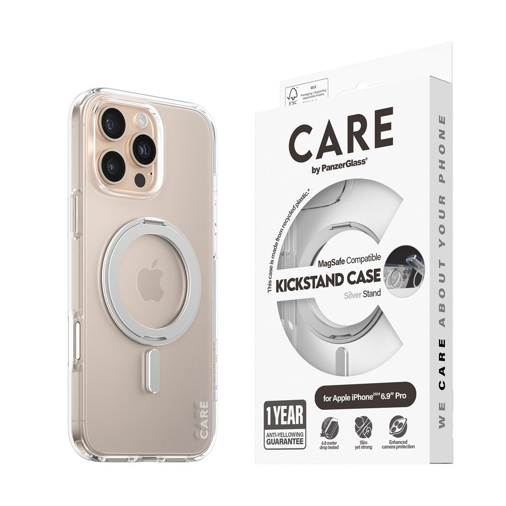 iPhone 16 Pro Max CARE by PanzerGlass Feature Kickstand Case - MagSafe Kompatibel - Transparent / Silver