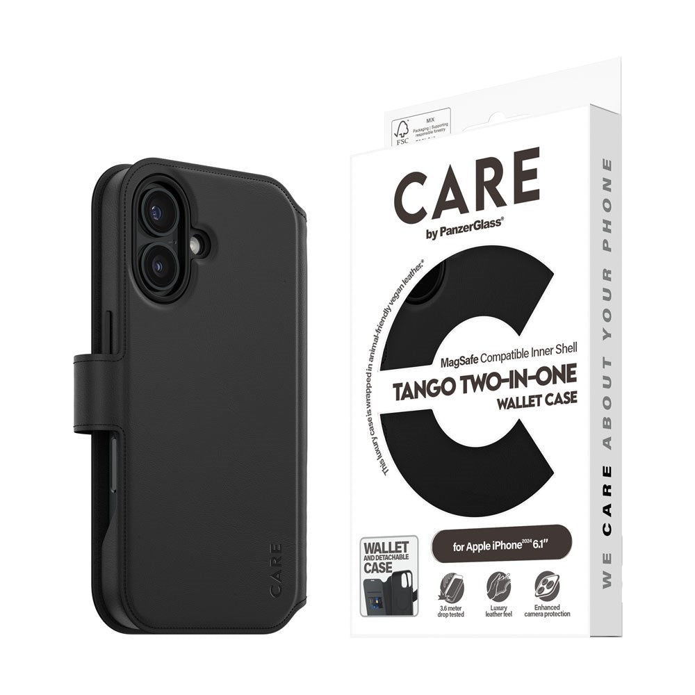 iPhone 16 CARE by PanzerGlass Feature Tango 2-in-1 m. Pung Mobil Cover - Sort
