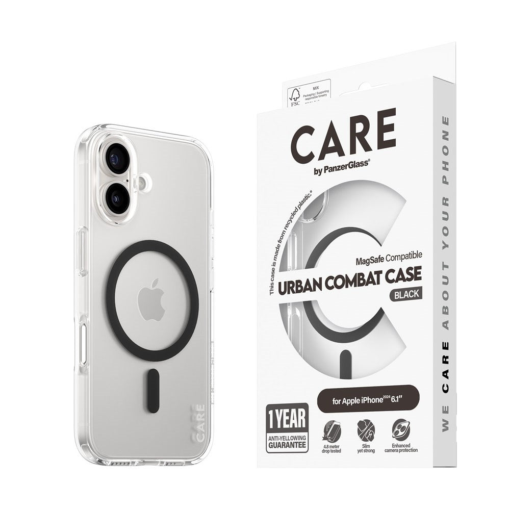iPhone 16 CARE by PanzerGlass FLAGSHIP Urban Combat Case - MagSafe Kompatibel - Transparent / Black