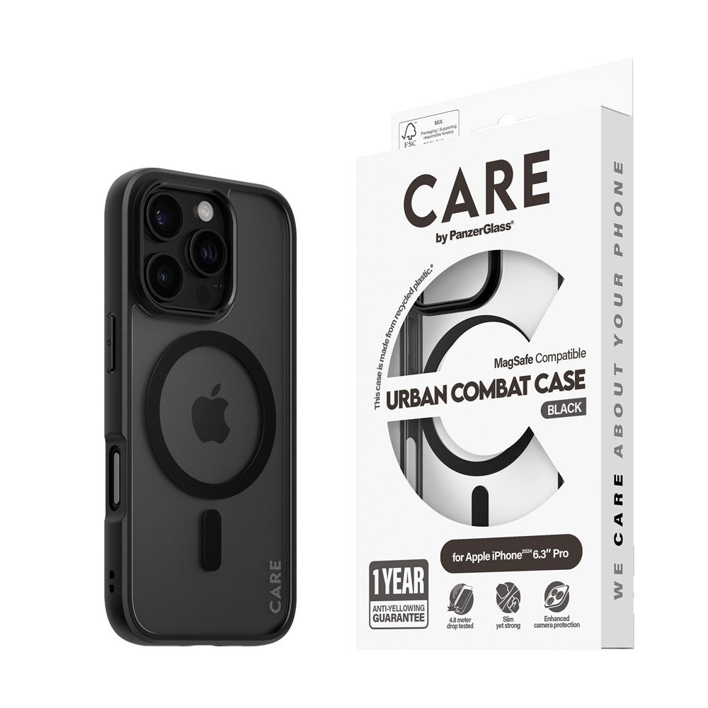 iPhone 16 Pro CARE by PanzerGlass FLAGSHIP Urban Combat Case - MagSafe Kompatibel - Transparent / Black Frame