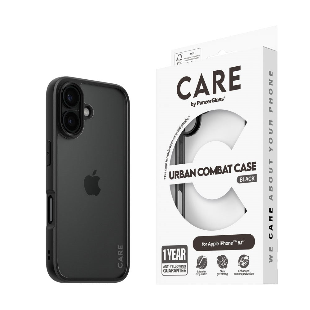 iPhone 16 CARE by PanzerGlass FLAGSHIP Urban Combat Case - Transparent / Black Frame