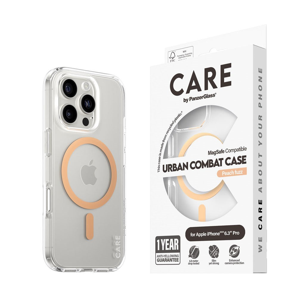 iPhone 16 Pro CARE by PanzerGlass FLAGSHIP Urban Combat Case - MagSafe Kompatibel - Transparent / Peach Fuzz