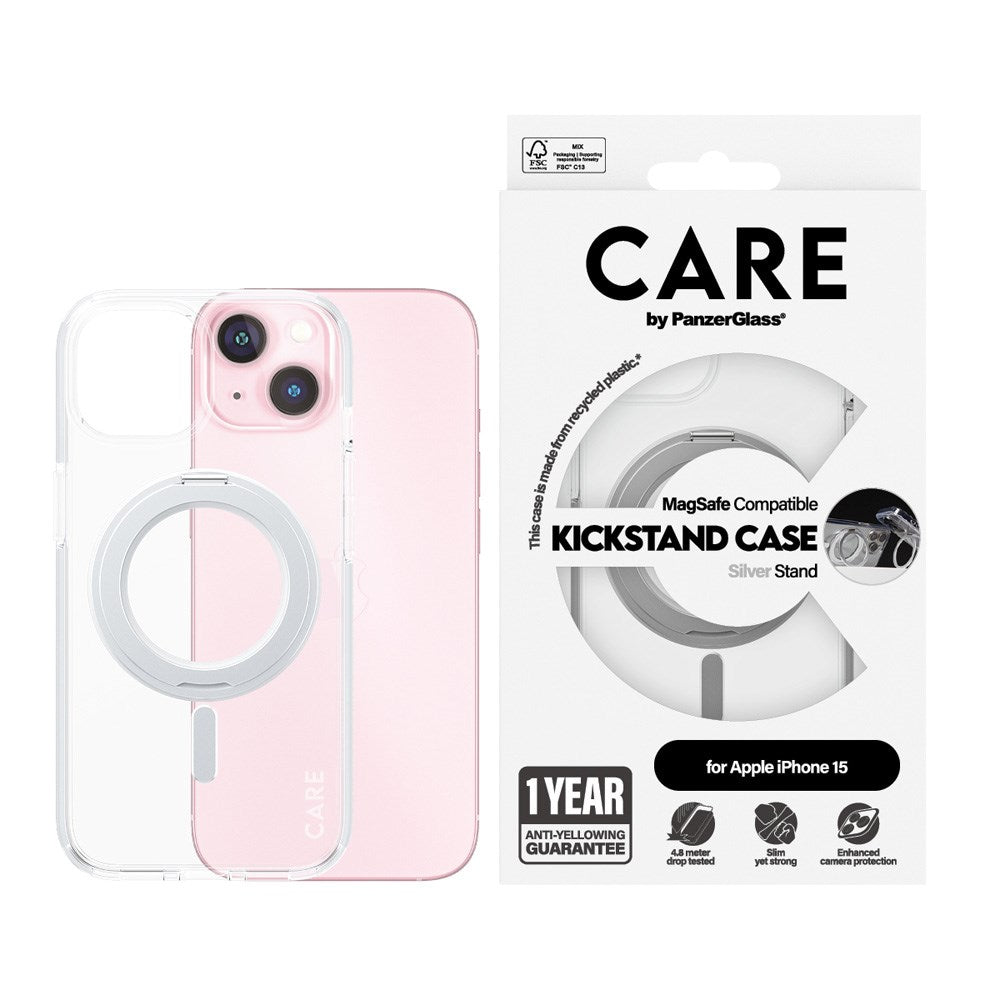 iPhone 15 CARE by PanzerGlass Feature Kickstand Case - MagSafe Kompatibel - Transparent / Silver