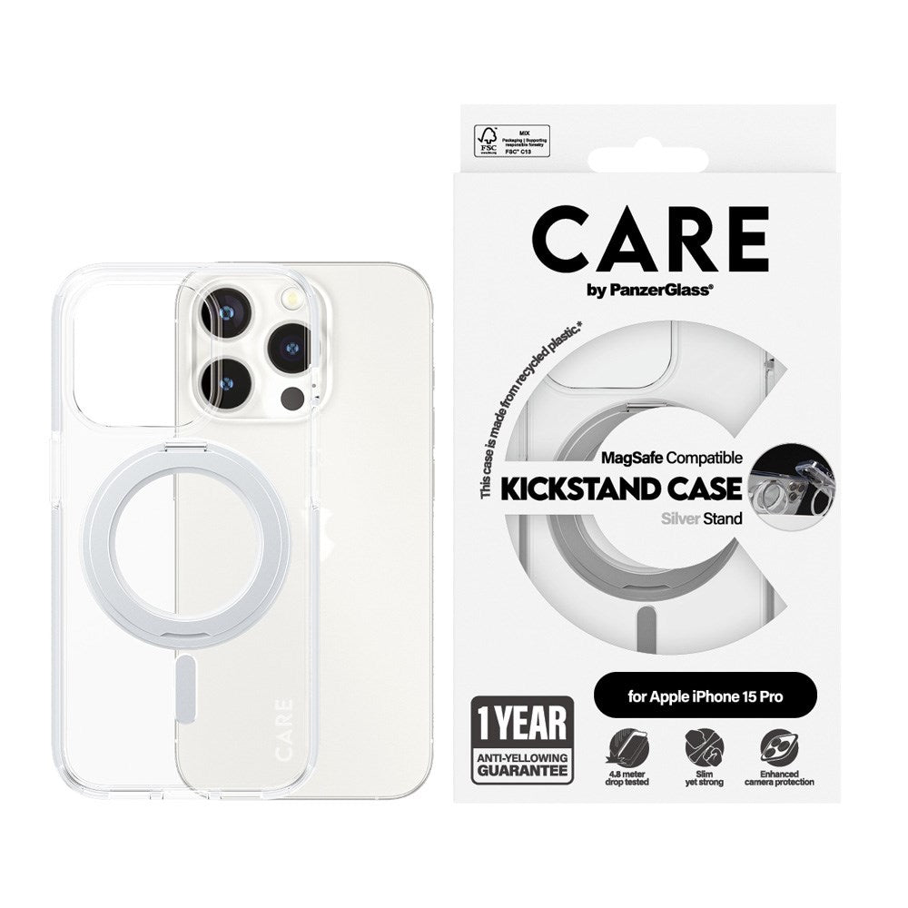 iPhone 15 Pro CARE by PanzerGlass Feature Kickstand Case - MagSafe Kompatibel - Transparent / Silver