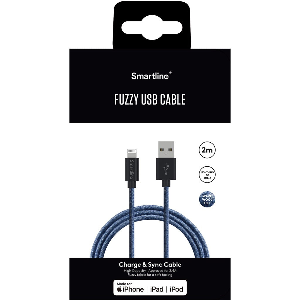 Smartline Fuzzy USB-A til Lightning Kabel 2 meter - Mørkeblå