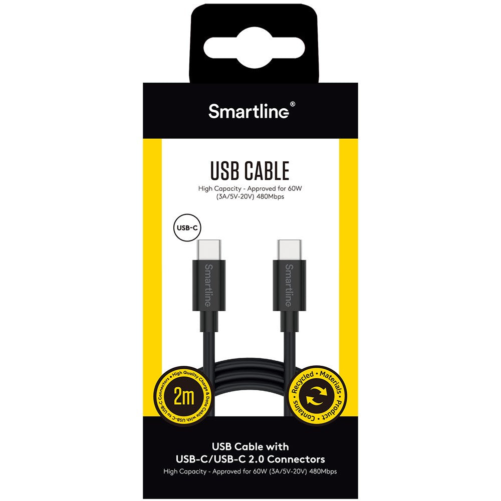 (3A/60W) Smartline USB-C til USB-C Kabel 2 m. - Sort