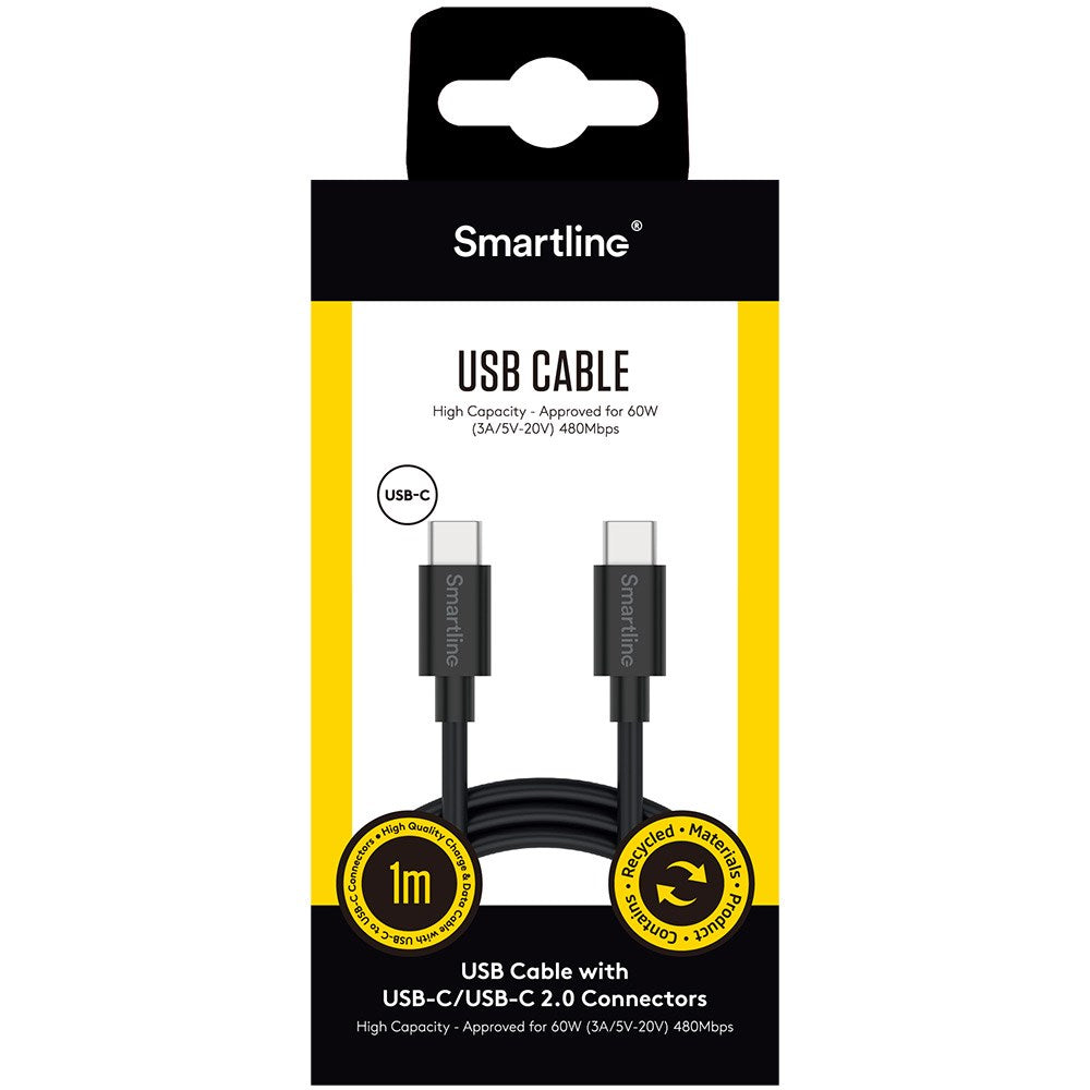 (3A/60W) Smartline USB-C til USB-C Kabel 1 m. - Sort