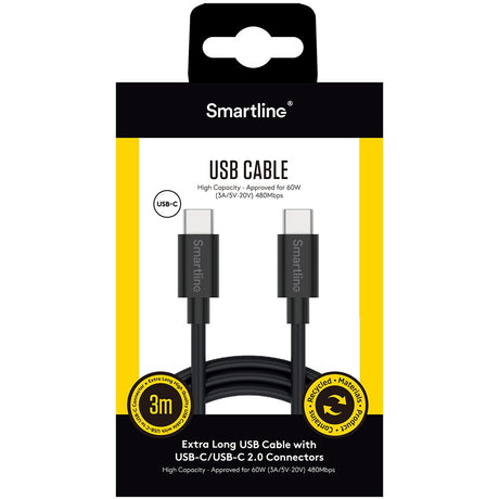 (3A/60W) Smartline USB-C til USB-C Kabel 3 m. - Sort