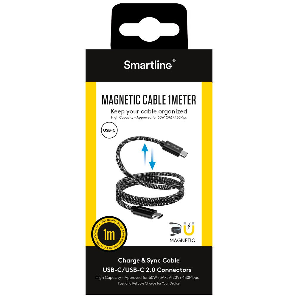 Smartline Kabel USB-C til USB-C 1m - 60W - Magnetisk - Sort