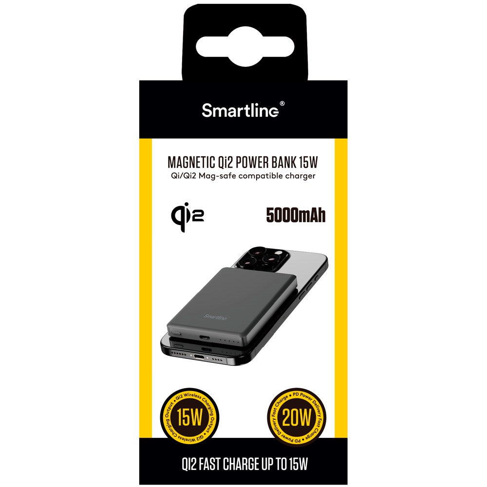 Smartline 15W Power Bank m. USB-C stik 5000mAh - Qi2 / MagSafe Kompatibel - Space Grey