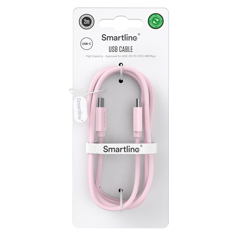Smartline (60W) USB-C til USB-C Ladekabel - 2 Meter - Lyserød