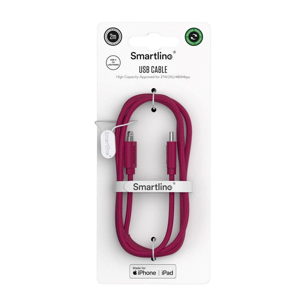 Smartline (3A/27W) USB-C til Lightning Ladekabel - 2 Meter - Mørkerød