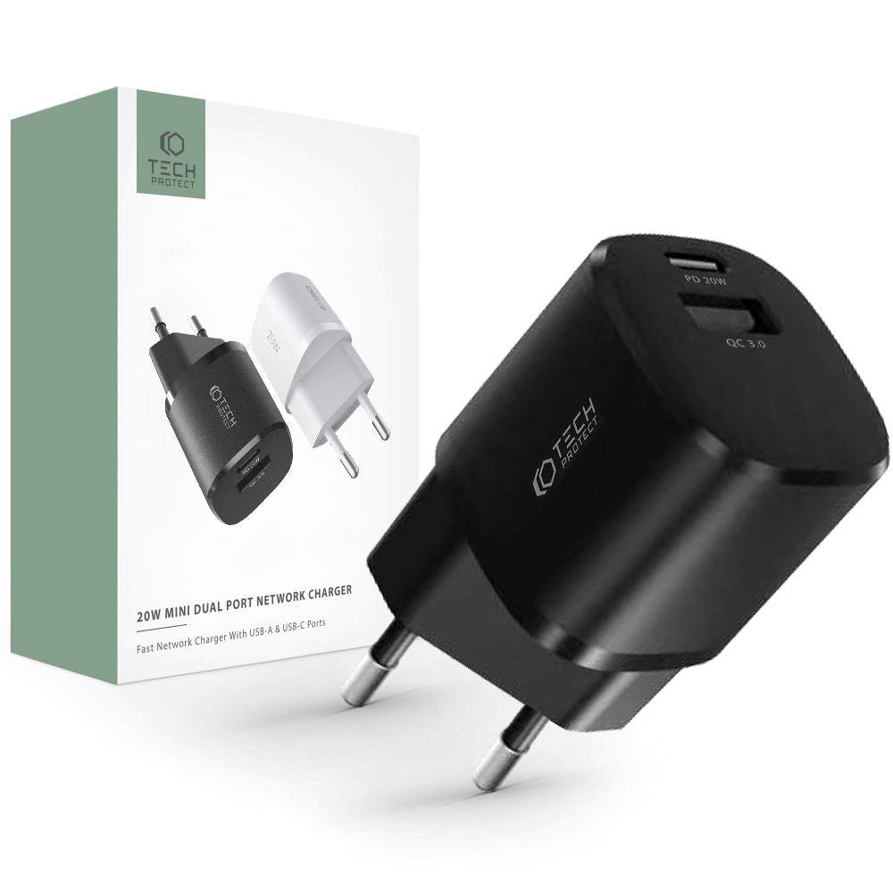 Tech-Protect Vægoplader 20W m. 1 x USB-A QC & 1 x USB-C PD - Sort