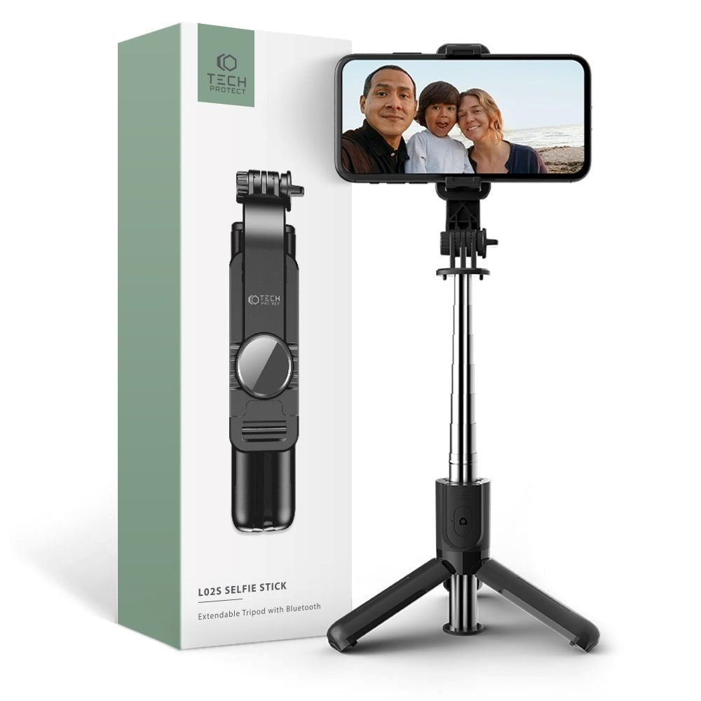 Tech-Protect L02S Kompakt Selfiestang m. Bluetooth & Tripodfunktion - Sort
