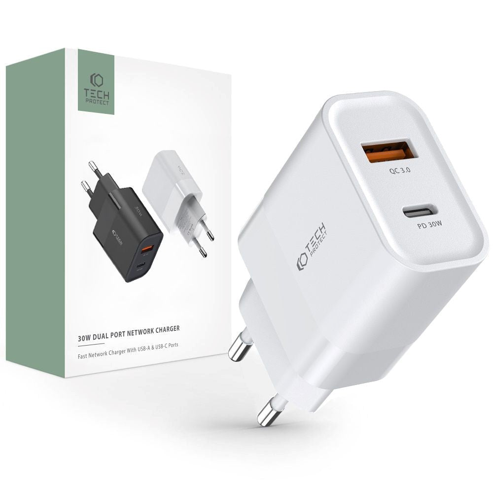 Tech-Protect 30W Vægoplader m. 1 x USB-C & 1 x USB-A - Hvid