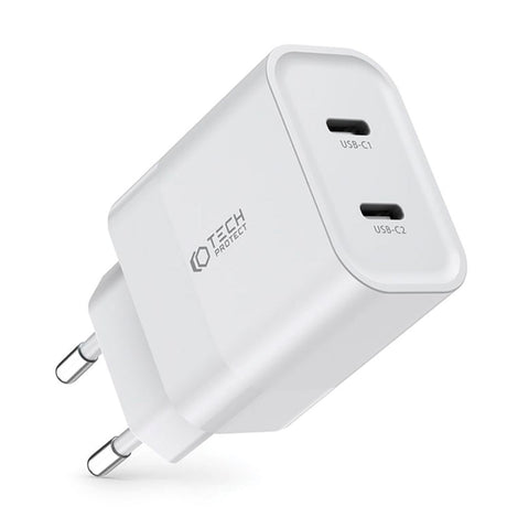 Network 20W Vægoplader m. 2 x USB-C & USB-C Kabel fra Tech-Protect - Hvid