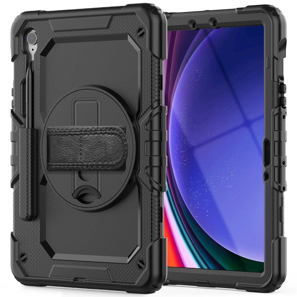 Samsung Galaxy Tab S10 FE / S9 FE Cover m. Beskyttelsesfilm, Håndholder & Skulderstrop - Tech-Protect Solid360 - Sort